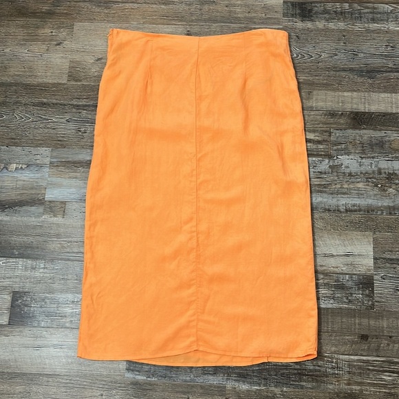 H&M Linen Viscose Orange Faux Wrap Long Column Skirt Shell Button Bright Sz 14 - Picture 3 of 12